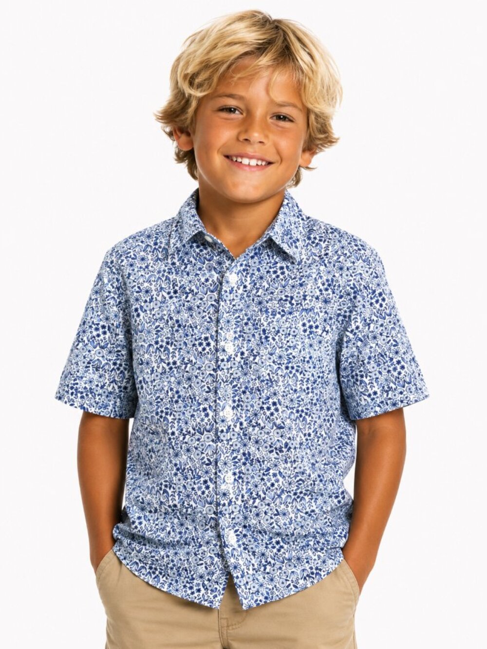 Cat & Jack Blue White Floral Button-Down Shirt Kids Size M (8/10)